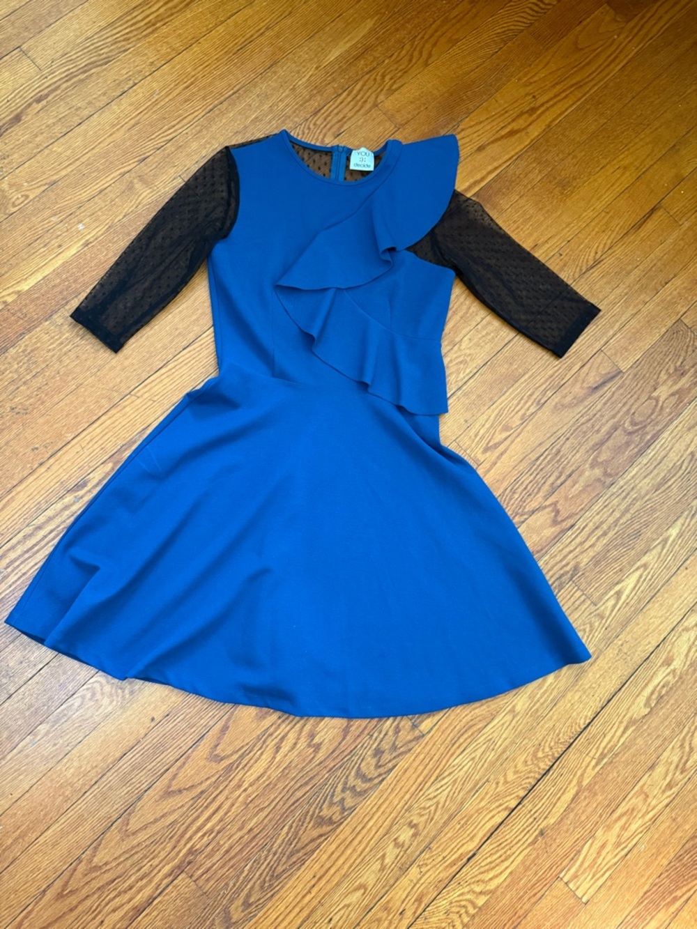 Royal Blue Fit & Flare Dress with Black Mesh Sleeves